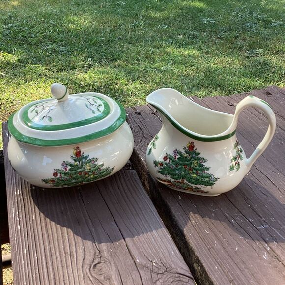 Spode Christmas Tree Creamer & Sugar Bowl w/ Lid Holiday Tableware Set - Picture 1 of 4